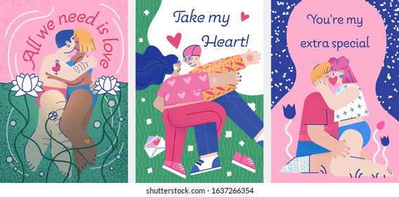 Romantic set of vector illustration with couples in love for Valentine Day. Young lovers kiss, hug and flirt open air. Flyer, poster, card, invitation, brochure or banner in modern flat style
