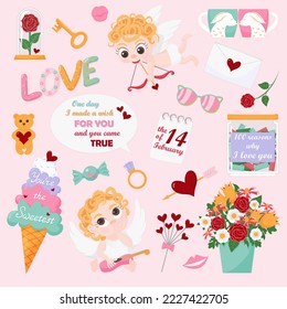 Romantic set of vector illustrations for Valentine's day. Valentine's Day Stickers