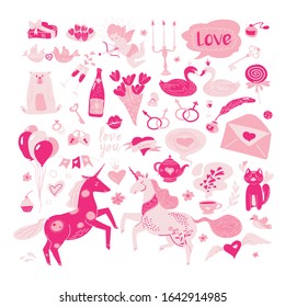 Romantic set of vector objects for Valentines Day. Love symbols isolated on white: pink unicorns, swans, hearts, birds, flowers, angels, sweets an candies. 
