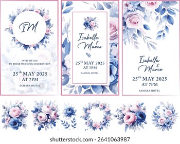 A romantic set of wedding invitations with soft watercolor roses in blue, pink, and purple hues. Floral accents frame the text beautifully, combining modern elegance with classic botanical charm on a 
