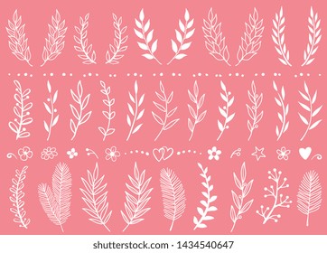 romantic set of white hand drawn tree branches, flowers, design and floral elements, wreathes, borders, dividers for greeting card, posters, invitations
