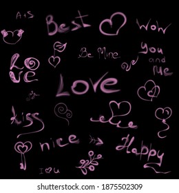 
Romantic set of words and symbols. Hand-drawn sweet words for a loved one or beloved can be used as a pattern or as individual objects. Vector illustration.