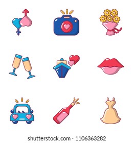 Romantic setting icons set. Cartoon set of 9 romantic setting vector icons for web isolated on white background
