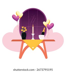 Romantisches Setup mit Kerzenwein und Ballons vor einer Nachtfensterszene. Vektorgrafik