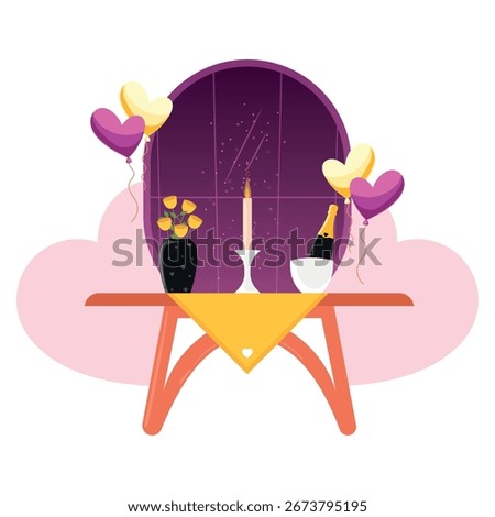 Romantic setup with candle wine and balloons in front of a night window scene. Vector illustration