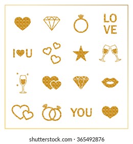 Romantic shiny gold icons for valentine's day, design, greeting card, decoration. Wedding and Love Icons. Gold Glitter Valentine icons. Golden letters. St. Valentine's Day icons. Vector illustration. 