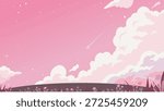 Romantic shooting star over pink pastel clouds and meadow