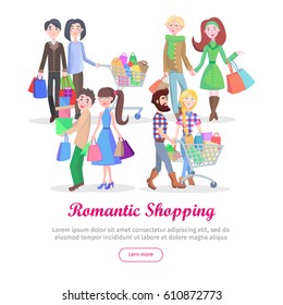 Romantic shopping banner. Man and woman cartoon characters make purchases flat vector illustration isolated on white background. Loving couples buying gifts and daily products on supermarket sale