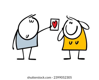 Romantic shy boy in love, stickman gives cartoon girl paper postcard with red heart. Vector illustration of Valentines day gift. Doodle woman is delighted. Isolated  characters on white background.