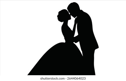 Romantic silhouette of bride and groom embracing
