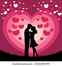 Romantic Silhouette of a Couple Embracing with Heart Background, Perfect for Valentine's Day Cards,
 Love-Themed Posters, Wedding Invitations, Anniversary Celebrations, and Romantic Designs  
