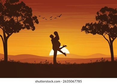 Romantic Silhouette of a Couple Embracing at Sunset. Twilight Romance with Flying Birds, Trees and Glowing Setting Sun on the Horizon. Love and Nature Background Illustration.