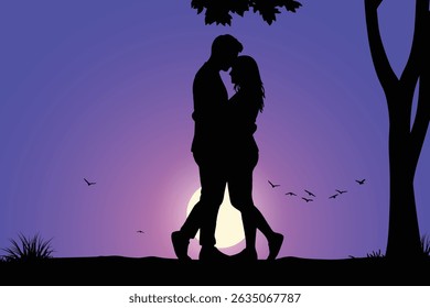 Romantic Silhouette of a Couple Embracing at Sunset. Twilight Romance with Flying Birds, Trees and Glowing Setting Sun on the Horizon. Love and Nature Background Illustration.