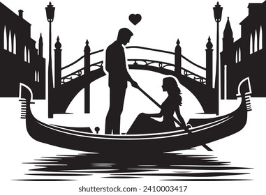 A romantic silhouette couple gliding through a serene Venice canal in gondola.