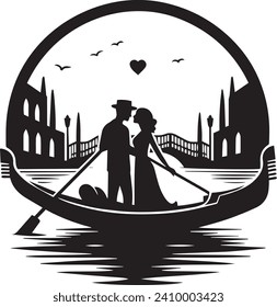 Una romántica pareja de siluetas se desliza por un tranquilo canal de Venecia en gondola.