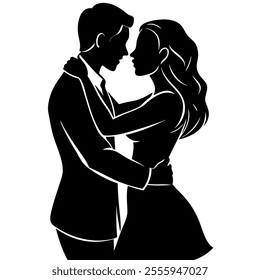 A romantic silhouette of a couple hugging, showcasing love and connection. Perfect for digital art, logos, posters, and vector design projects, ideal for romantic themes and decor.