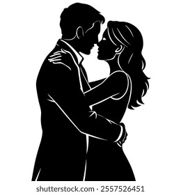 A romantic silhouette of a couple hugging, showcasing love and connection. Perfect for digital art, logos, posters, and vector design projects, ideal for romantic themes and decor.