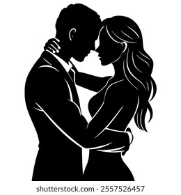 A romantic silhouette of a couple hugging, showcasing love and connection. Perfect for digital art, logos, posters, and vector design projects, ideal for romantic themes and decor.