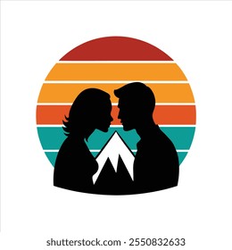 Romantic silhouette of couple kissing at sunrise on vintage retro mountain background