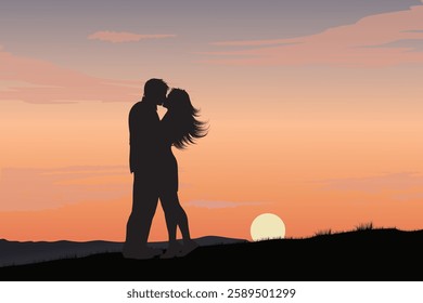 Romantic Silhouette of a Couple Sharing Kiss at Sunset, Love and Nature Scene, Twilight Romance on Hill.
