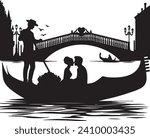 A romantic silhouette couple sitting and kissing in a Venetian gondola in front of the bridge in Venice canal.