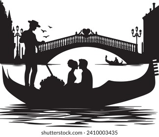 A romantic silhouette couple sitting and kissing in a Venetian gondola in front of the bridge in Venice canal.