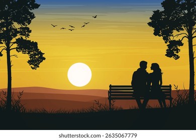 Romantic Silhouette of a Couple Sitting on a Park Bench at Sunset. Twilight Romance with Flying Birds, Trees and Glowing Setting Sun on the Horizon. Love and Nature Background Illustration.