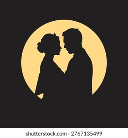 Romantic silhouette of a couple standing under a large full moon. Minimalist vector illustration of a man and woman in a night sky landscape with a glowing lunar backdrop. Elegant celestial design for wedding invitations, Valentine's Day, and emotional storytelling.