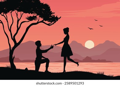 Romantic Silhouette of a Couple at Sunset, Love and Nature Scene, Twilight Proposal by the Lake.