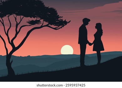 Romantic Silhouette of a Couple at Sunset, Love and Nature Scene, Twilight Romance on Hill