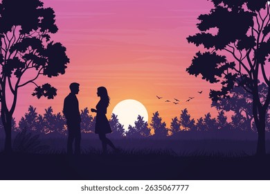 Romantic Silhouette of a Couple at Sunset. Twilight Romance with Flying Birds, Trees and Glowing Setting Sun on the Horizon. Love and Nature Background Illustration.