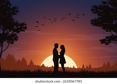 Romantic Silhouette of a Couple at Sunset. Twilight Romance with Flying Birds, Trees and Glowing Setting Sun on the Horizon. Love and Nature Background Illustration.