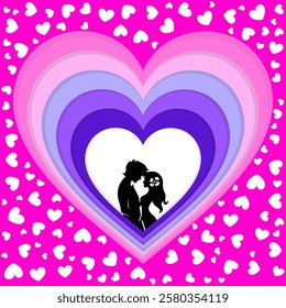 Romantic Silhouette in Heart Layers with Pink and Purple Gradient on Heart Pattern Background