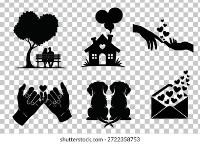 Romantisches Silhouetten-Icon mit einem Paar auf einer Bank, Liebesvögeln, Hunden und Herzsymbolen