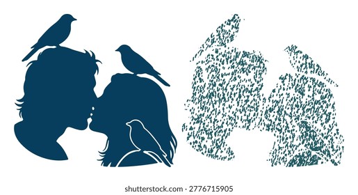 Romantic silhouette illustration features couple kissing with three little birds flying above.