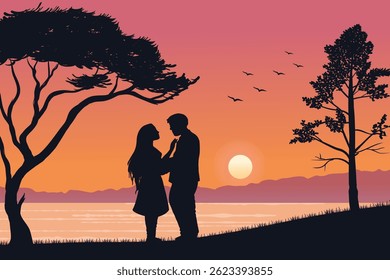 Romantic Silhouette Landscape of a Couple at Sunset, Love and Nature Scene, Twilight Romance on Hill