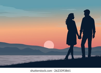 Romantic Silhouette Landscape of a Couple at Sunset, Love and Nature Scene, Twilight Romance on Hill