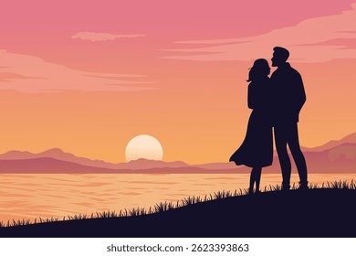 Romantic Silhouette Landscape of a Couple at Sunset, Love and Nature Scene, Twilight Romance on Hill