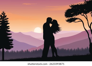 Paisagem de Silhueta Romântica de um Casal no Pôr do Sol, Amor e Natureza Cena, Crepúsculo Romance na Colina