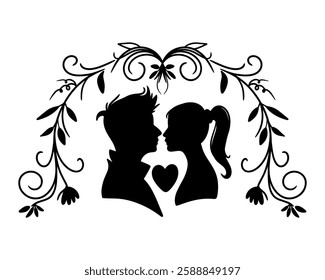Romantic Silhouette of Lovers with a Heart for a Tender and Passionate Valentine’s Day Theme Vector illustration