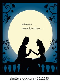 romantic silhouette of lovers on a balcony at night