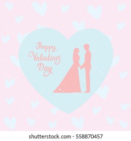 Romantic silhouette of loving couple in a heart. Valentines Day. Happy Lovers. Vector illustration