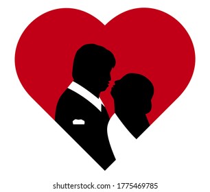 Romantic silhouette of loving couple inside the red heart. Vector illustration of a kissing man and woman with a wedding and Valentine's Day theme.
