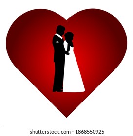 Romantic silhouette of loving couple inside the red heart. Vector illustration of a kissing man and woman with a wedding and Valentine's Day theme.