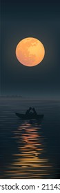 Romantic silhouette of loving couple at moonlight in a boat