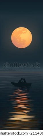 Romantic silhouette of loving couple at moonlight in a boat