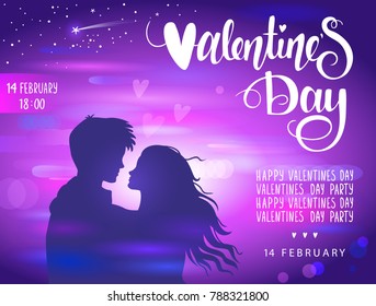 Romantic silhouette of loving couple at night with blur background street light. Valentines Day 14 February. Happy Lovers. Vector illustration