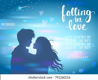 Romantic silhouette of loving couple at night with blur background street light. Valentines Day 14 February. Happy Lovers. Vector illustration