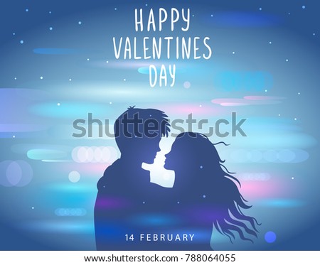 Romantic silhouette of loving couple at night with blur background street light. Valentines Day 14 February. Happy Lovers. Vector illustration