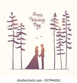 Romantic silhouette of loving couple in pines forest. Valentines Day. Happy Lovers. Vector illustration